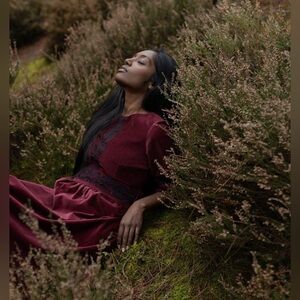 Voriagh Misha Whimsigoth witch goth Cottagecore folk Sleeve Burgundy Dress xs